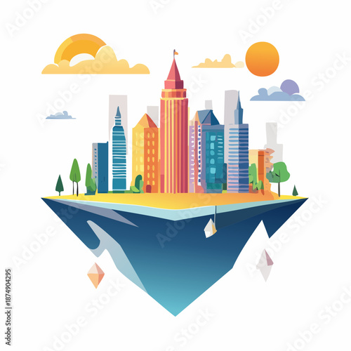 Dreamlike vector illustration of a floating city constructed from simple geometric shapes, with a soft gradient sky and surreal landscape