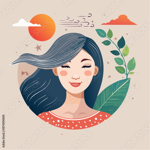 Serene woman with flowing hair embracing nature, sun, and leaves in a harmonious artistic illustration