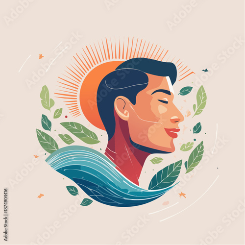 Serene man's profile, vector illustration, harmoniously blended with sun, leaves, and water. Symbolizes peace, wellness, and deep connection to nature