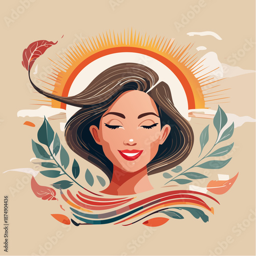Serene vector illustration of a radiant woman embracing nature's calm, with sun rays and lush foliage harmoniously intertwined, symbolizing inner peace and natural beauty and connection