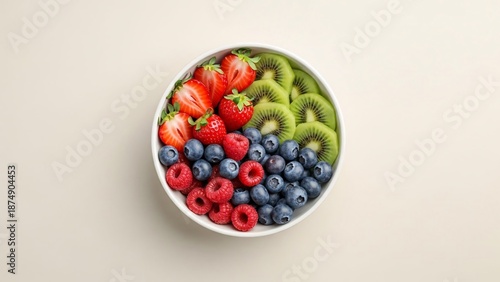 Fresh fruit bowl with strawberries kiwi raspberries and blueberries overhead view