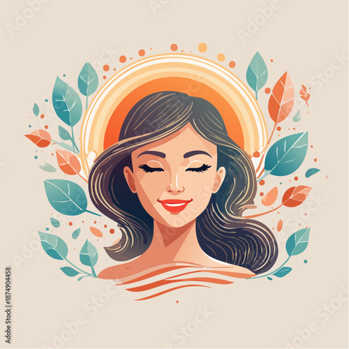 Harmonious vector illustration of a serene woman, eyes closed in peaceful contemplation, encircled by natural leaves and a vibrant sun, symbolizing tranquility, mindfulness, and holistic well-being