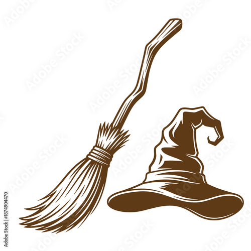 Drawing Vintage brown witch hat and broomstick on white background  magical symbol