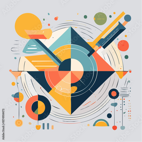 Vibrant Abstract Geometric Vector Art with Asymmetrical Composition and Dynamic Interplay of Shapes, Expressing Modern Creativity and Digital Aesthetics