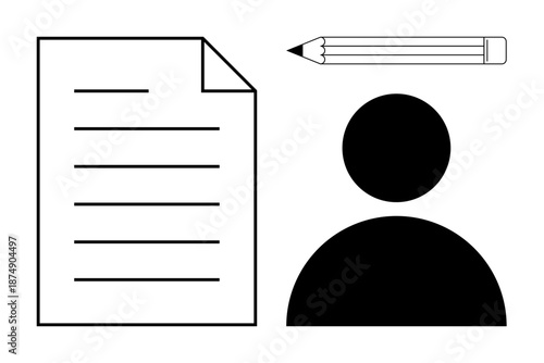 Administration, education, documentation, writing, user profiles, professional communication. Paper document, person icon and pencil. Administration and education related illustration