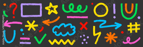 Brush stroke line abstract graphic shapes texture drawn paint set. Hand drawn sketch doodle scribble brush geometric kid color shape crayon. Abstract arrow, circle, zigzag vector illustration