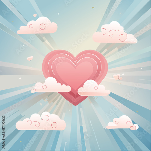 A dreamy, romantic illustration of a large pink heart floating amongst soft clouds, illuminated by radiating light rays against a blue sky, perfect for expressing love and affection