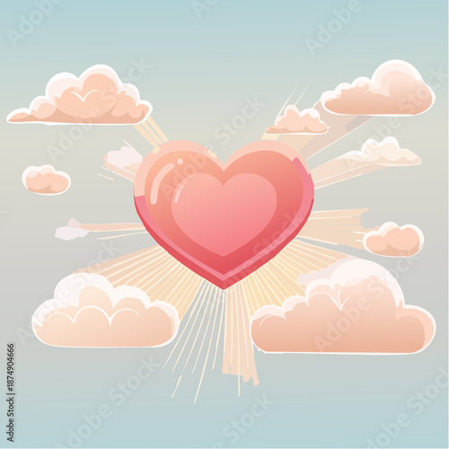 Vector illustration of a bright glowing pink heart symbol radiating light rays amidst soft, organic clouds, representing love, romance, and positive emotion in a serene sky