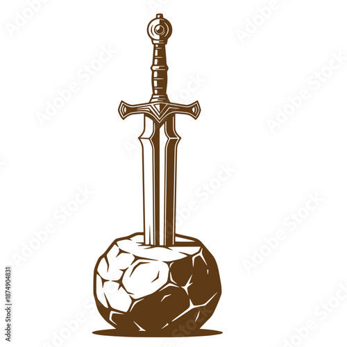 Drawing Vintage excalibur sword stuck in stone rock isolated on white background