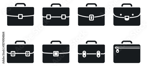 Modern filled icon briefcase set featuring various lock and clasp designs for business and professional use