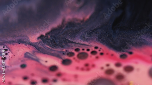 Shimmer art. Oil texture. Defocused pink purple color paint in water marble sparkling liquid droplet floating on abstract background.