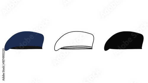 Three different colored berets on a white background illustration