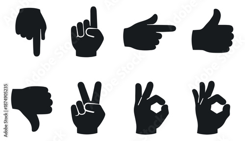 Modern silhouette hand gestures set featuring various signs for interaction and communication
