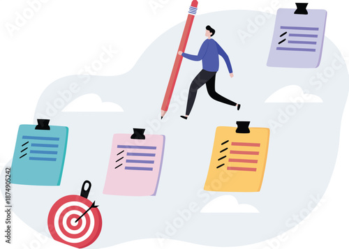 businessman planning with pencil-categorized sticky notes work for project management and sorting important or urgency tasks review project progress on kanban board.vector
