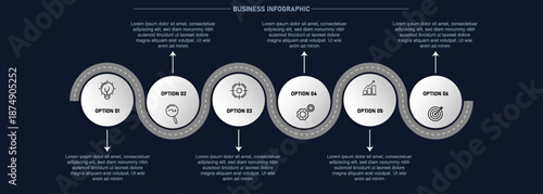 Dark Business Roadmap Infographic with Curved Road and Six Process Steps