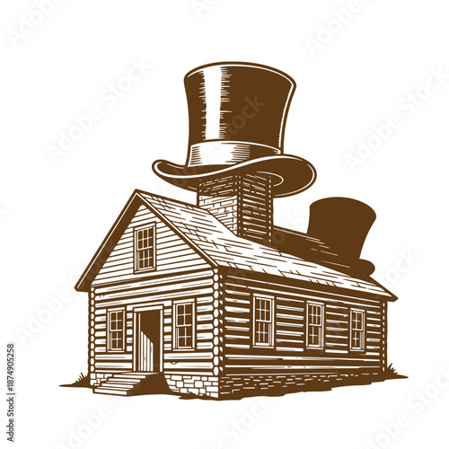 Drawing Vintage log cabin with top hat on chimney  rustic house with hat on top of chimney  vintage house with hat
