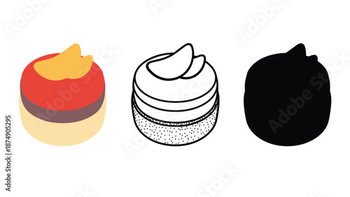 Three different illustrations of cakes on a white background