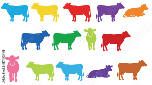 A colorful illustration of cows and a pig in various vibrant hues