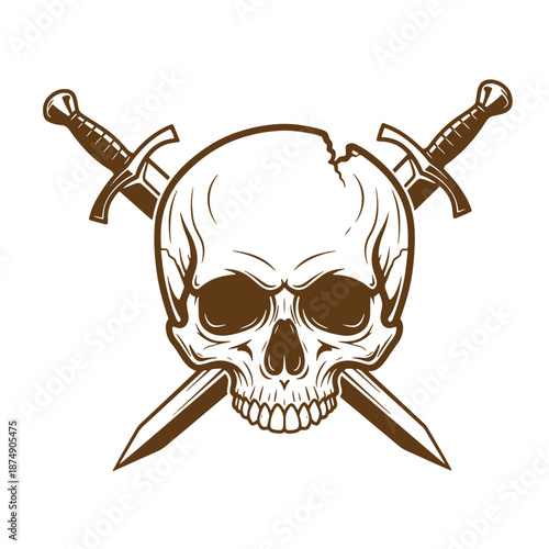 Drawing Vintage Skull with crossed daggers on white background  symbol of danger and warning