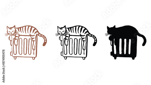 Three cats sitting on top of a radiator in different colors and styles