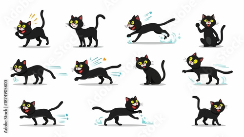 Collection of black cat cartoon illustrations in various poses.