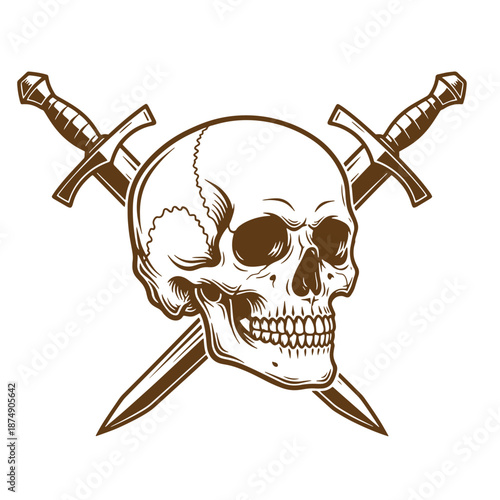 Drawing Vintage Skull with two crossed daggers on white background