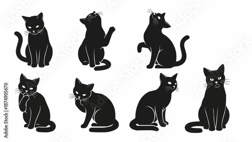 Collection of black cat illustrations in various poses.