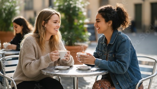 Two smiling young women enjoying coffee and conversation at an outdoor cafe a perfect representation of friendship and leisure lifestyle