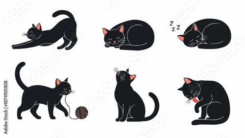 Collection of black cat illustrations in various poses and activities.
