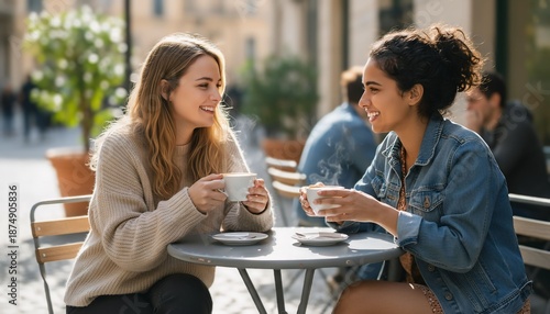 Two smiling diverse women enjoying coffee and conversation at an outdoor cafe depicting friendship leisure and urban lifestyle