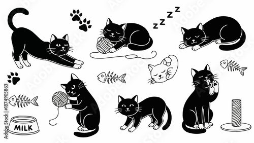 Collection of black cat illustrations in various poses and activities.