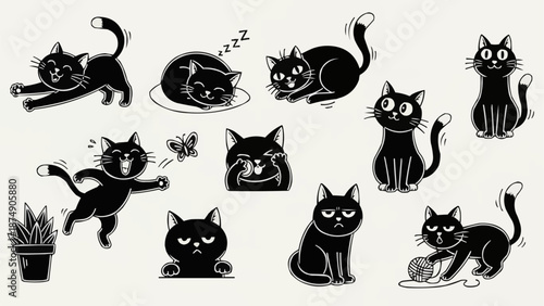 Collection of black cat illustrations in various poses and emotions.