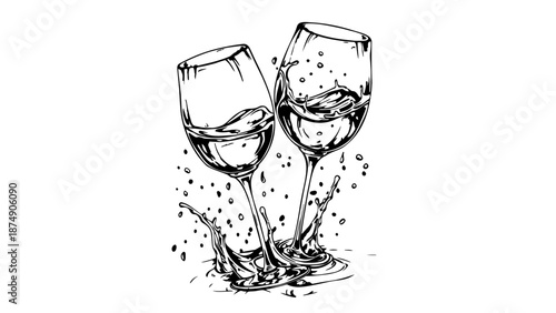 An artistic drawing of two wine glasses clinking together with liquid splashing