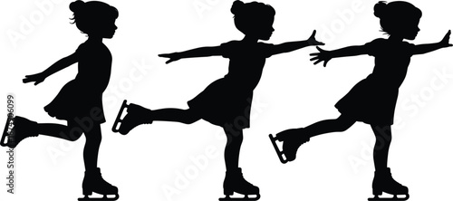 Little girl ice skating silhouette set in different poses, winter sports figure skater vector illustration collection