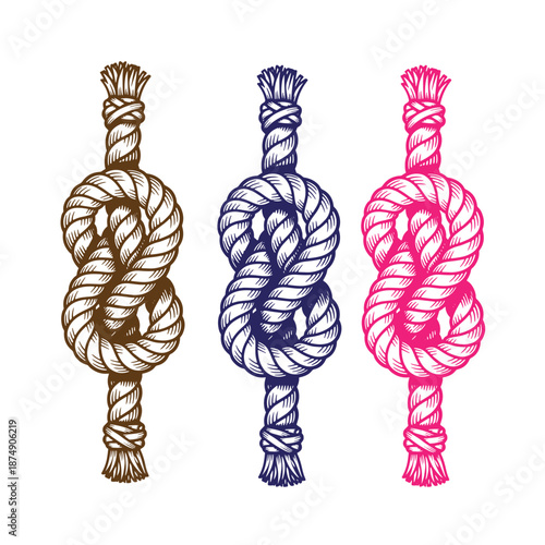 Drawing Vintage Three colorful ropes with knots on white background  nautical rope knots in brown blue and pink