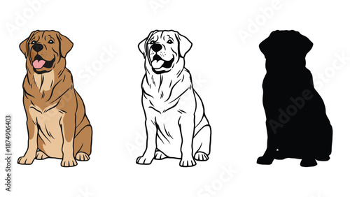 Three illustrations of a dog in different styles and colors sitting