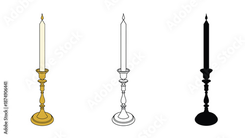 Three candlesticks with candles in different color variations on white background