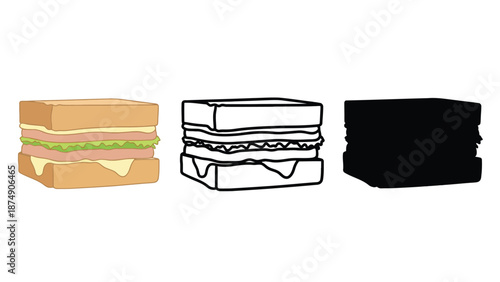 A colorful illustration of three sandwiches in different styles and colors