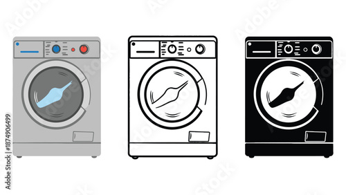 Three washing machines in different colors on a white background