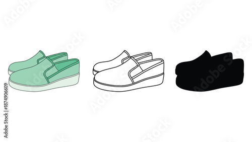 An illustration of three different colored deck shoes on a white background
