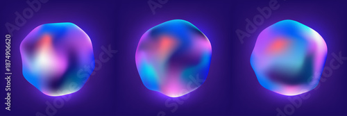 Abstract 3D fluid gradient blobs set with neon purple and blue glowing liquid shapes for futuristic high tech web design and modern digital art