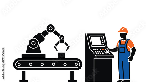 A worker in an industrial setting operating a robotic arm machine