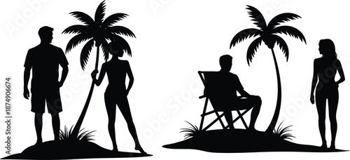 Tropical beach vacation silhouettes with palm trees and people relaxing, summer island travel vector illustration set