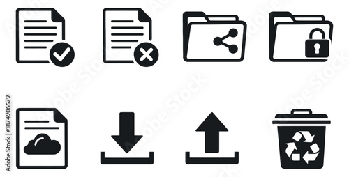 Modern flat interface icon set featuring document, folder, cloud, download, upload, and trash bin symbols for web and application design