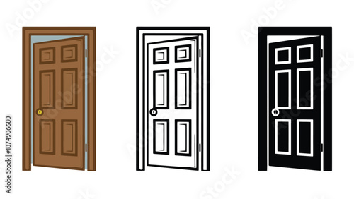 Three different colored doors with various designs and open positions