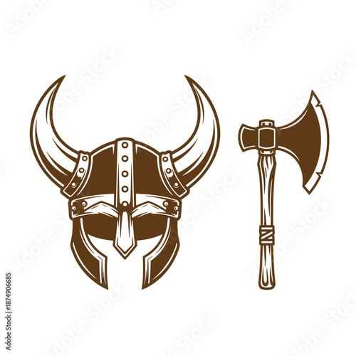 Drawing Vintage Viking helmet and axe on white background  medieval Norse warrior symbols