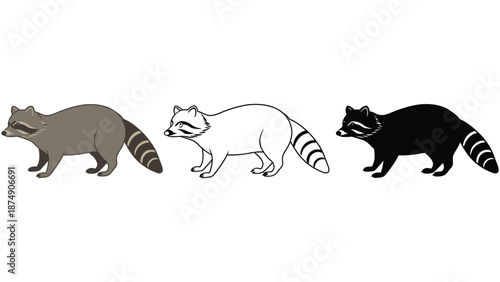 Three raccoons in different colors and styles on a white background