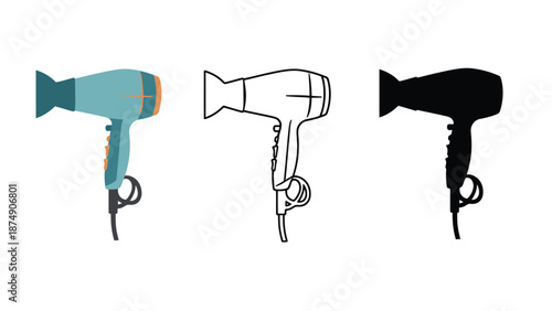 Three different hair dryers in various colors and styles on a white background