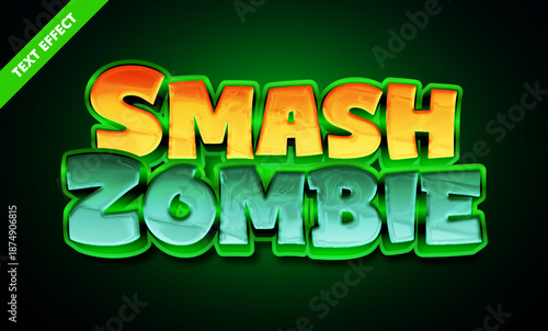 Smash zombie 3d editable cartoon game text effect, horror game logo sext style with shiny texture