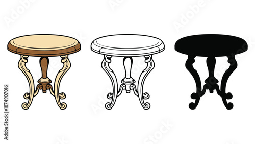 Three different colored tables with ornate legs on a white background